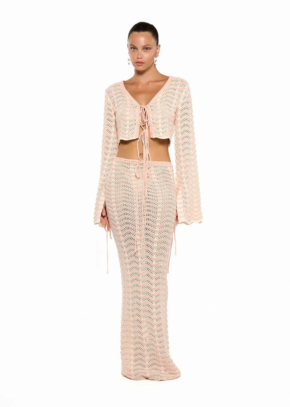 Sexy Knit V-neck Long Sleeve Lace-up Top Beach Half Skirt Two-piece Summer Women's Casual Outfit Swimsuit Cover Up Set