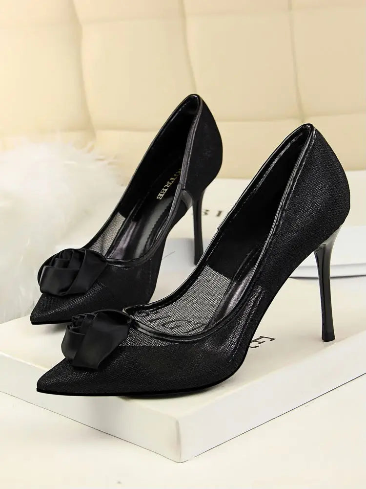 Women's Sexy Nightclub Pole Dancing Show Thin Heels High Mesh Hollowed Out Satin Rose Flower Woman Pumps