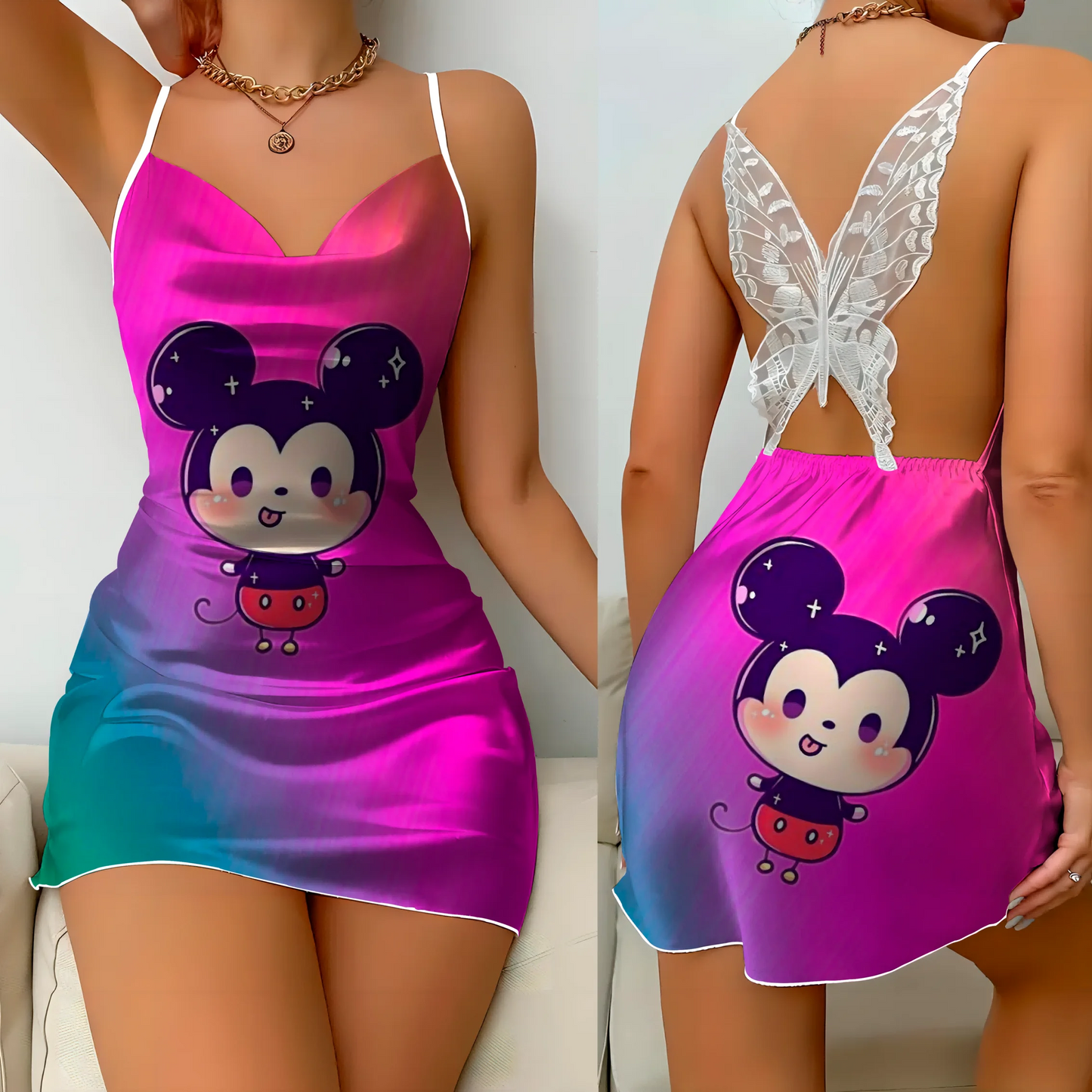 Mini Dress Pajama Skirt Bow Knot Party Dresses Satin Surface Minnie Mouse Disney Mickey Women Fashion Summer Elegant Women