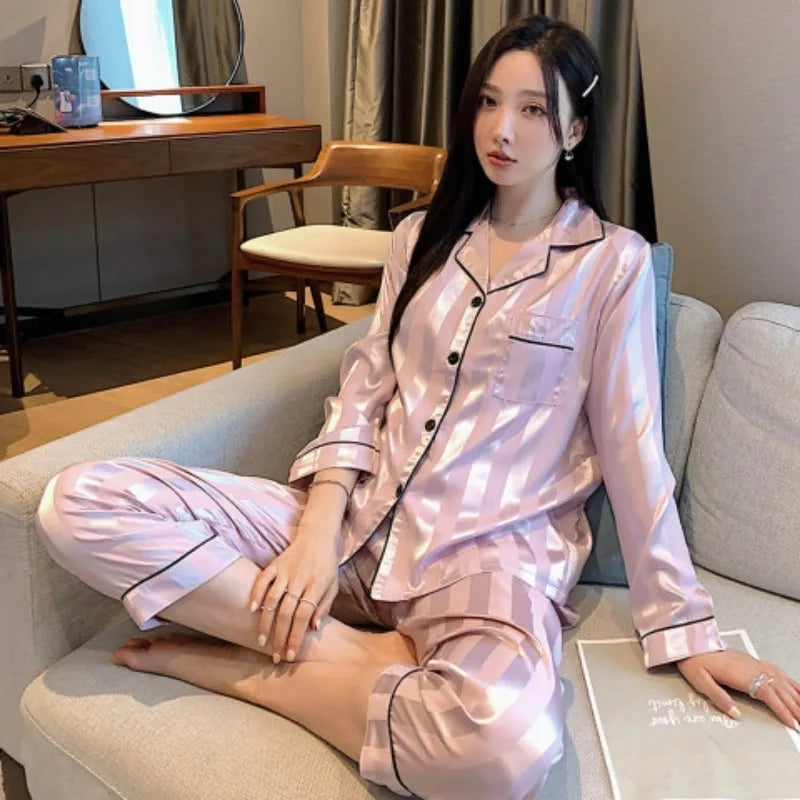 Striped Satin Pajamas Women Jacquard Loungewear Long Sleeve Trousers Two-Piece Set Solid Color Roll-Neck Cardigan Sleepwear