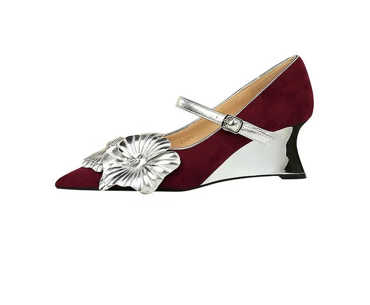 Metal Wedges 6 cm Women Pumps Flower Design High Heels Suede Sexy Party Shoes Buckle Ladies Shoes Women Wedges