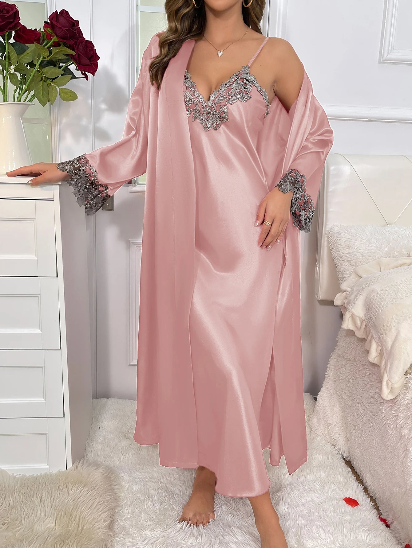 Contrast Lace Long Sleeve Belted Robe V Neck Slip Dress Sexy Elegant Women Pajamas Sets