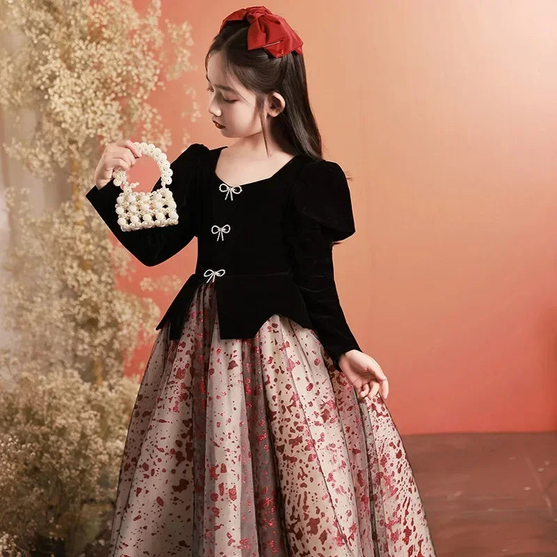 Girls Satin Mesh Tutu long Gown Children French Bubble Sleeve Princess Dress Christmas Prom Dress Birthday New Year Gift 3-15Y Natalia Home Fashion Natalia Home Fashion