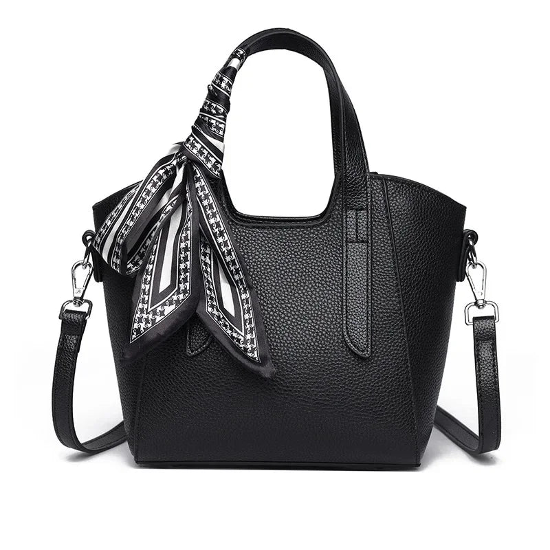 Pure Leather Cowhide Single Shoulder Crossbody Bag Ladies Handbag Fashion Bucket Bag Simple Basket Comes with Scarf