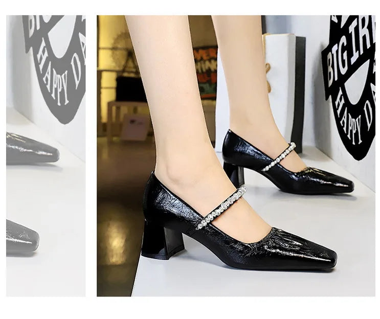 Heels Women Fashion CRYSTAL Pearl Pumps Square Toe Stripper Elegant Party Square Heel Ladies Shoes