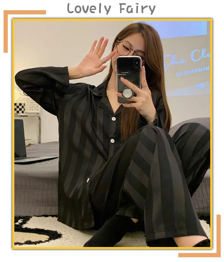 Striped Satin Pajamas Women Jacquard Loungewear Long Sleeve Trousers Two-Piece Set Solid Color Roll-Neck Cardigan Sleepwear