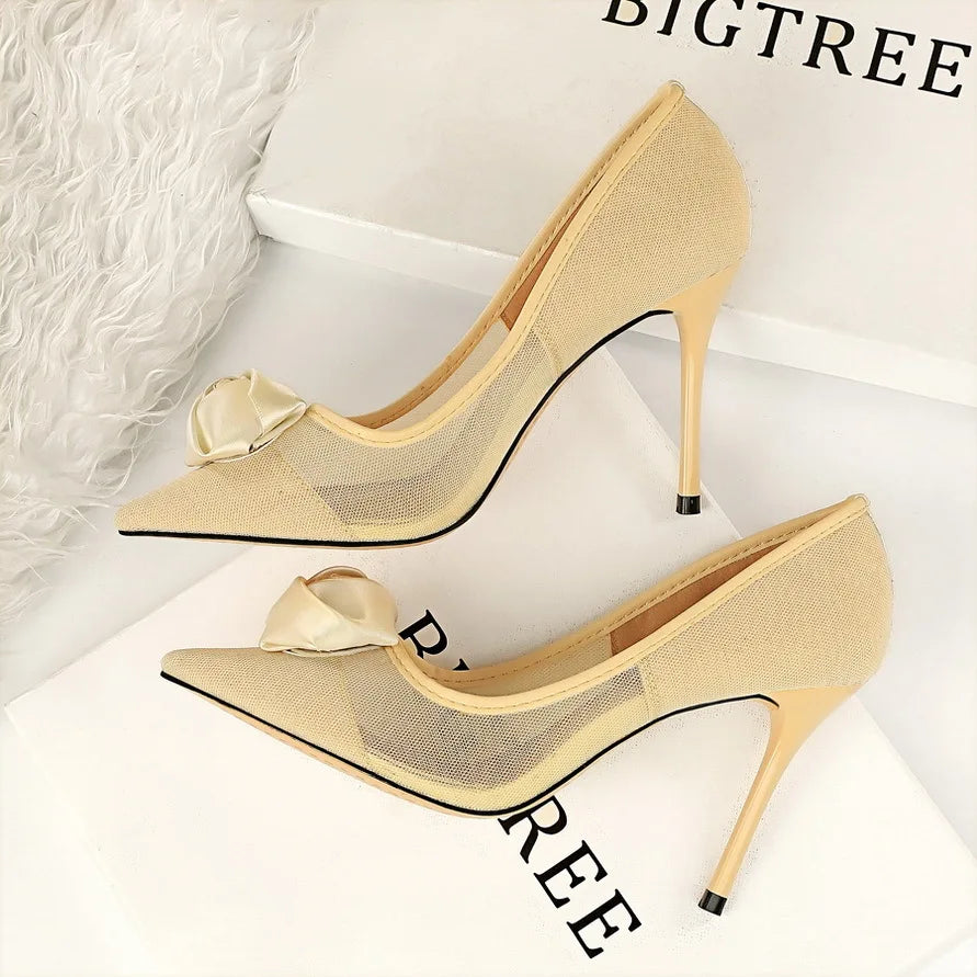 Women's Sexy Nightclub Pole Dancing Show Thin Heels High Mesh Hollowed Out Satin Rose Flower Woman Pumps