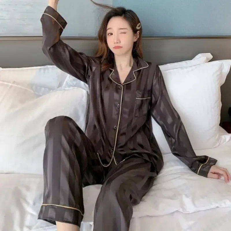 Striped Satin Pajamas Women Jacquard Loungewear Long Sleeve Trousers Two-Piece Set Solid Color Roll-Neck Cardigan Sleepwear