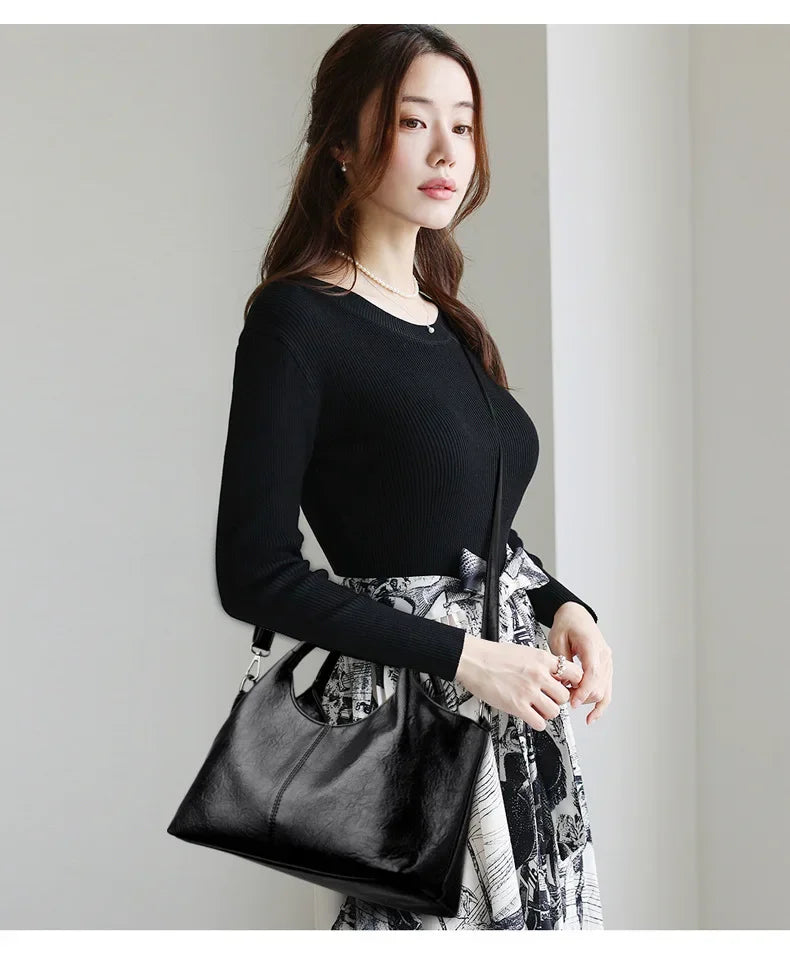 Fashionable Pure Color Basket Handbag Women's Commuter Bag Soft PU Leather Vintage Style Single Shoulder Bag with Internal Zipper
