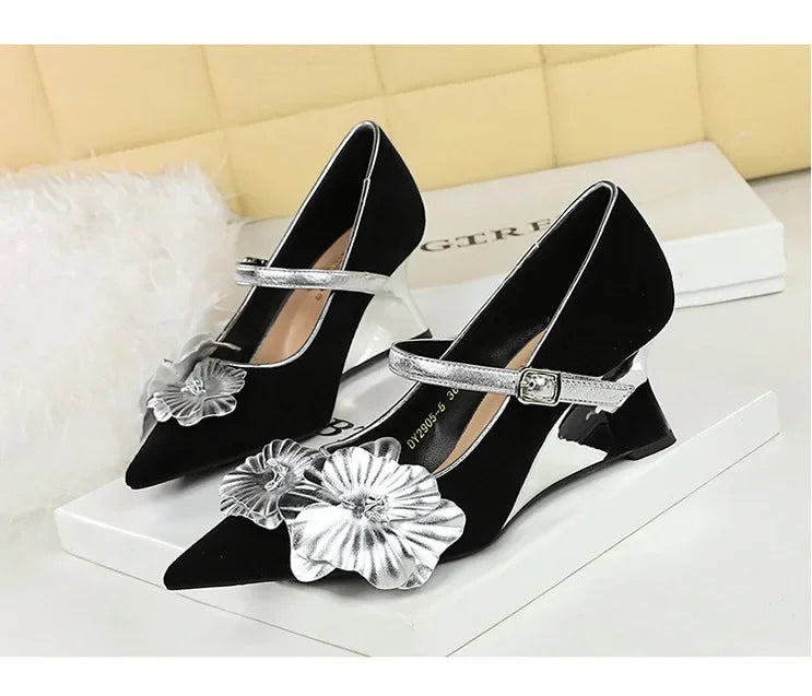 Metal Wedges 6 cm Women Pumps Flower Design High Heels Suede Sexy Party Shoes Buckle Ladies Shoes Women Wedges