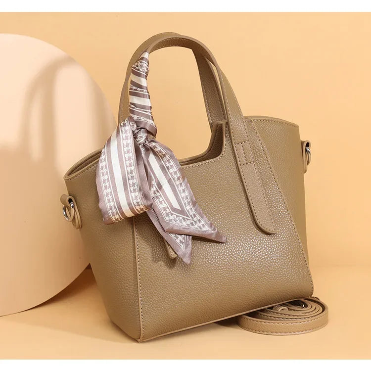 Pure Leather Cowhide Single Shoulder Crossbody Bag Ladies Handbag Fashion Bucket Bag Simple Basket Comes with Scarf