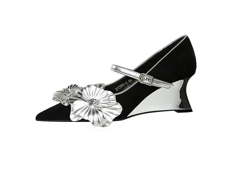 Metal Wedges 6 cm Women Pumps Flower Design High Heels Suede Sexy Party Shoes Buckle Ladies Shoes Women Wedges