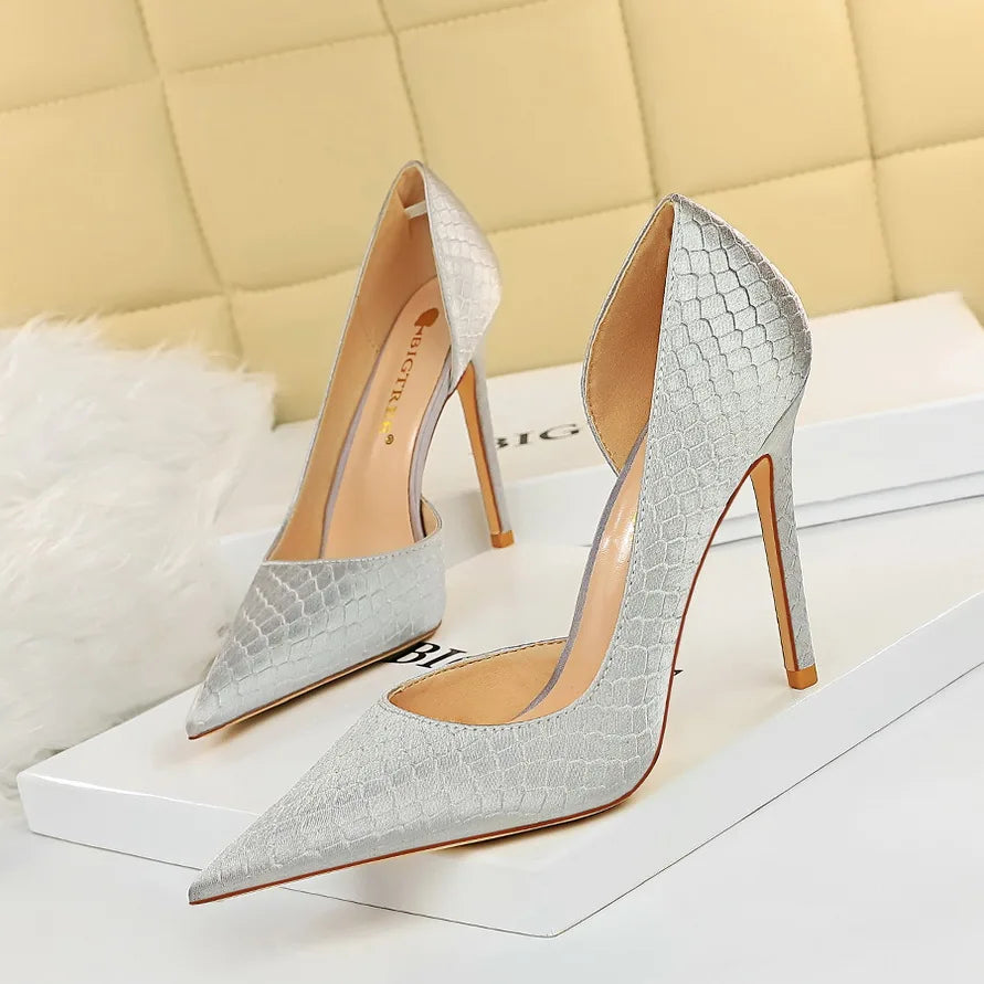 Shoes Woman Pumps Pointed Toe Shallow High Heels Snakeskin Satin Thin Heel Sandals Stiletto Party Shoes