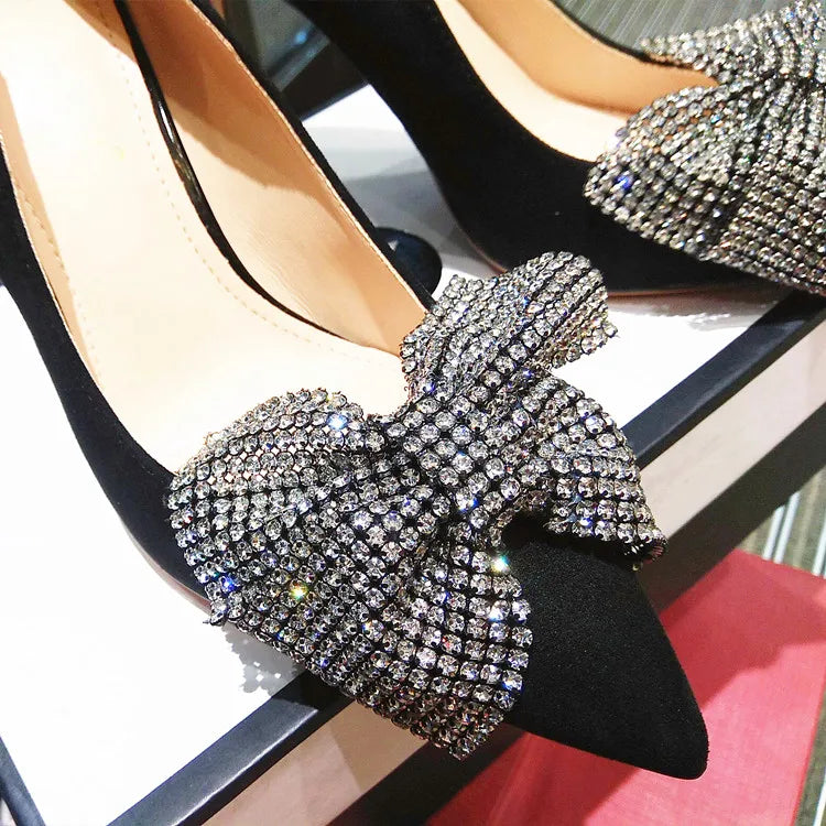 Black high-heeled shoes for women slim heel, pointed rhinestone, shallow bow, mid length single order shoes