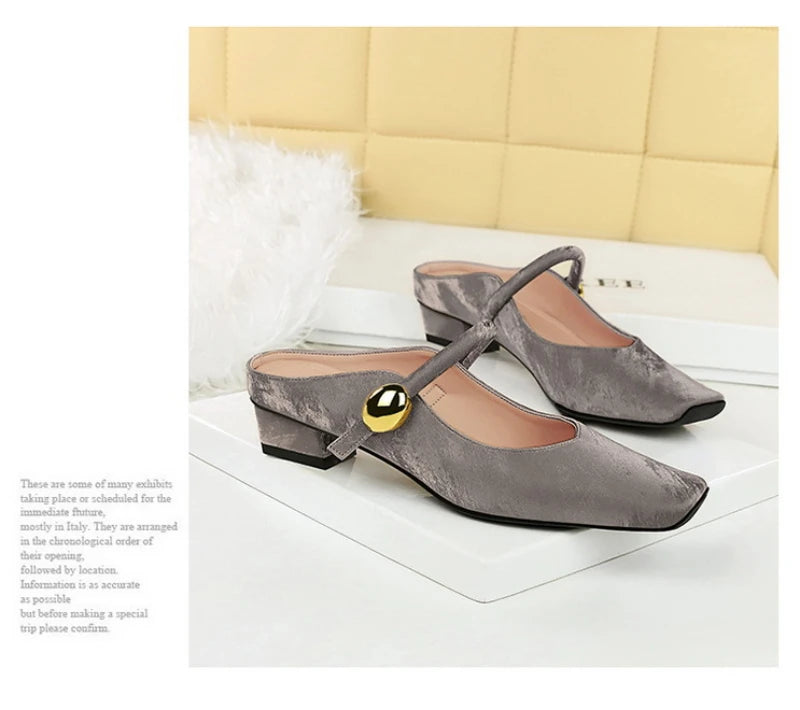 European Style Light-Mouthed Half-Slippers Women Wearing Thick Heels And Square-Toe Mary Jane Shoes One-Strap