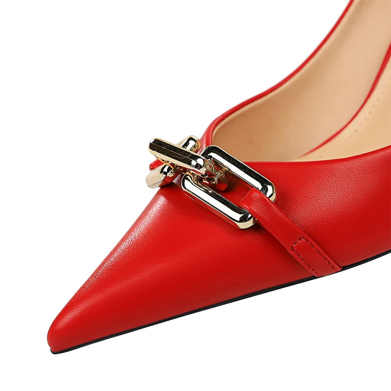 Elegant Women Pumps Metal Button Kitten Heels Women Shoes Stiletto Banquet Shoes Pointed High Heels