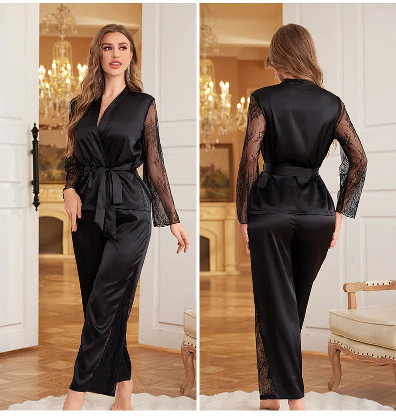 Sexy Lace Patchwork 2PCS Pajamas Set Loungewear Spring New Long Sleeve Trouser Pajamas Suit Loose Silky Home Clothes Lingerie