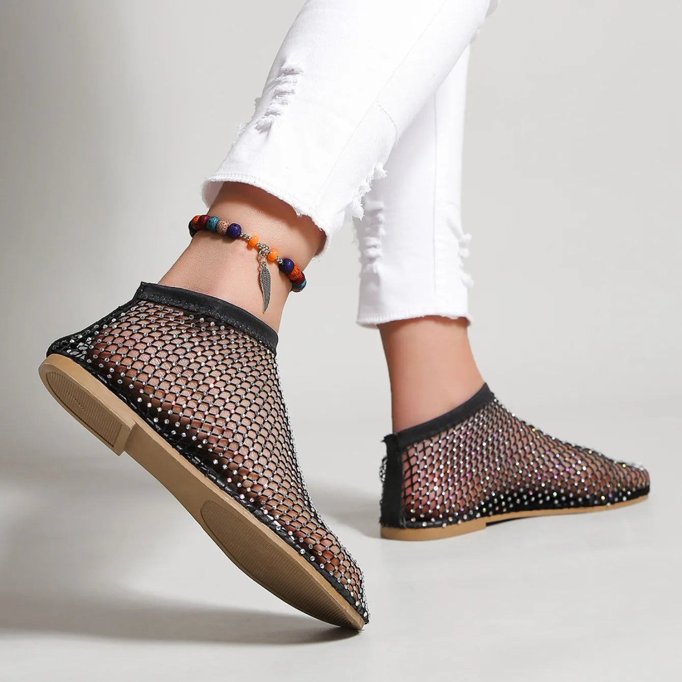 Women's Round Toe Flat Bottom Sandals Hollow Short Boots Water Diamond Sexy Flats Bottom Shoes Luxury Shoes Women