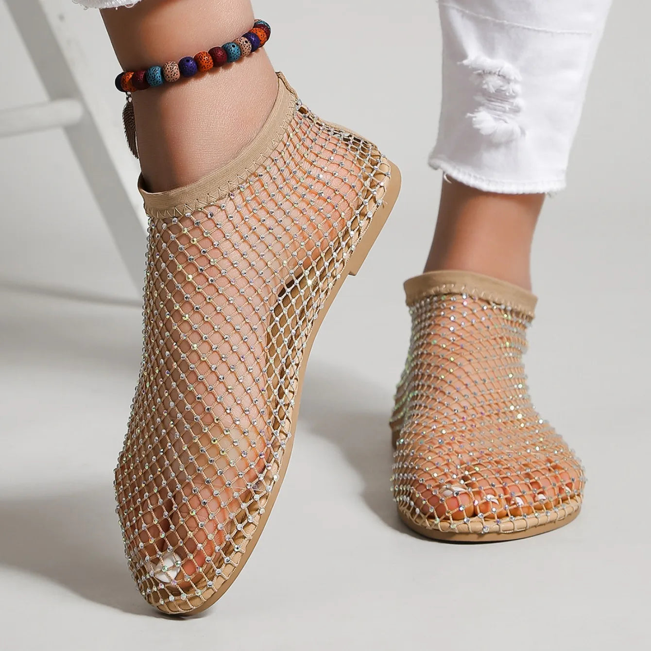 Women's Round Toe Flat Bottom Sandals Hollow Short Boots Water Diamond Sexy Flats Bottom Shoes Luxury Shoes Women