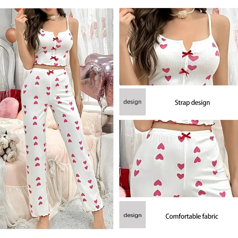 Women's 2-piece printed sleepwear semi transparent mesh casual printed vest elastic waist pants summer transparent mesh Pajama Suit