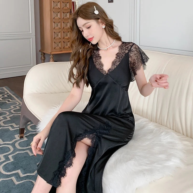 Sexy Lace Nightdress Women's French Split Short Sleeve Nightwear Household Sleepwear