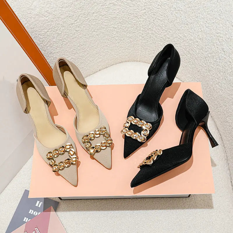 Leisure Rhinestone Square Buckle Extra Wide Hollow Sandals Pointed Head High Heel Single Shoes Women