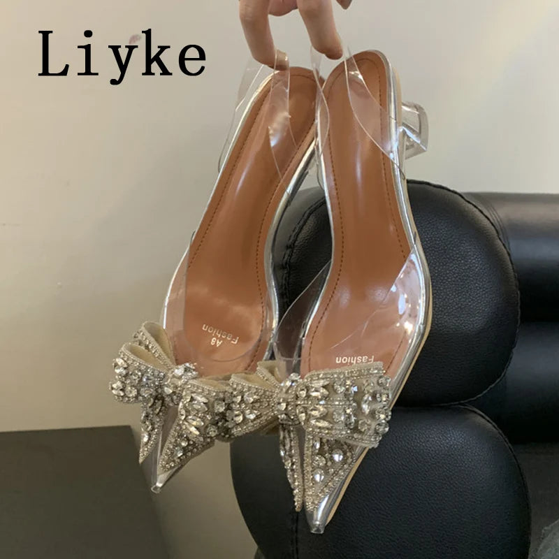 Fashion Design Crystal Bowknot Women Pumps Sexy Pointed Toe Clear High Heels Wedding Prom Shoes PVC Transparent Sandals