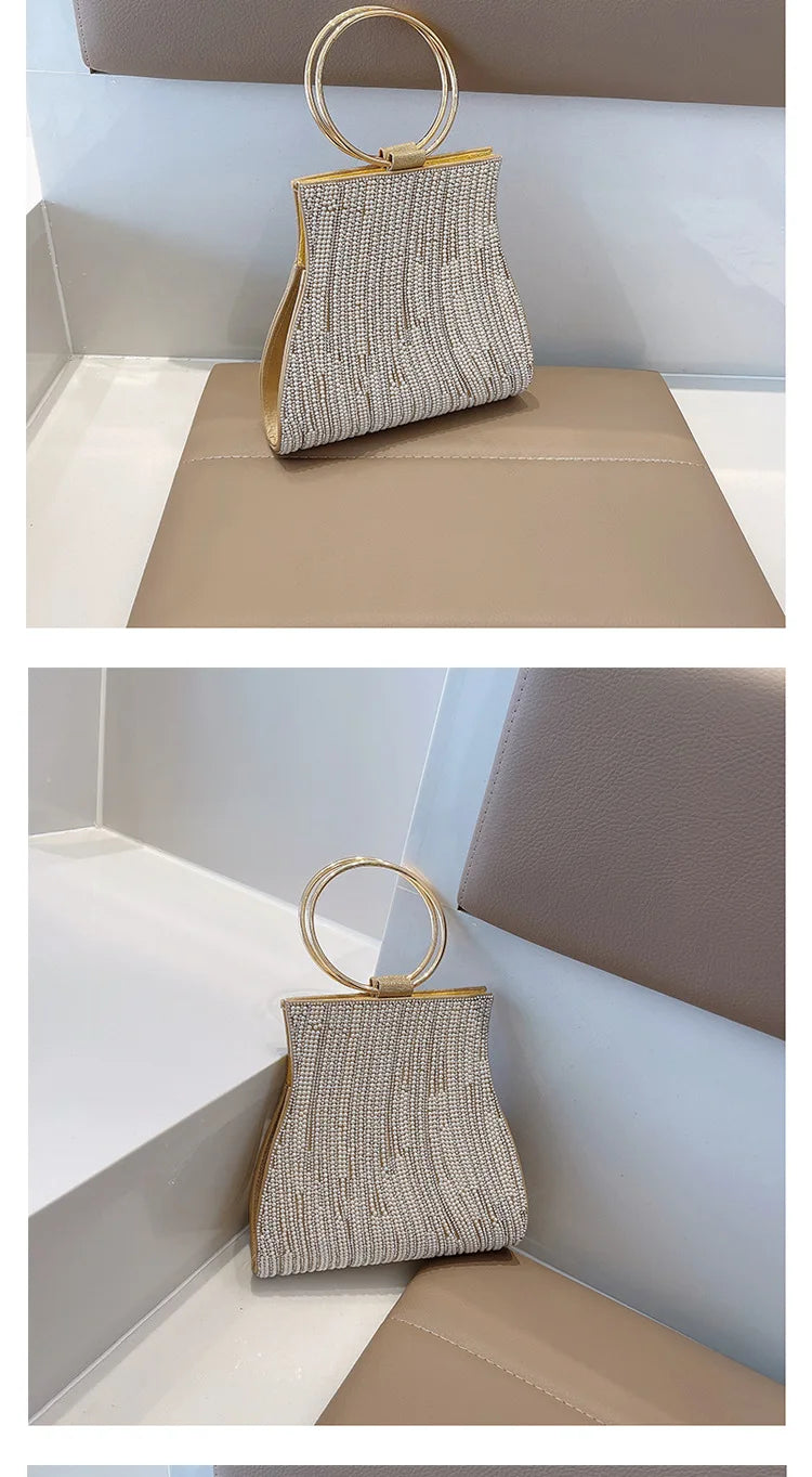 Fashionable Diamond Set Pearl Handbag, Banquet Single Shoulder Water Diamond Circular Cross Women's Handbag