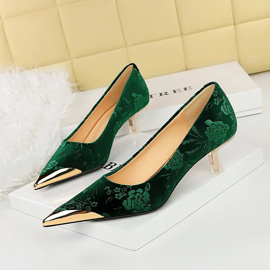 Women Vintage Velvet Evening Banquet Dress Pumps Lady 9cm 4cm High Heels Temperament Pointed Toe Royal Blue green Shoes