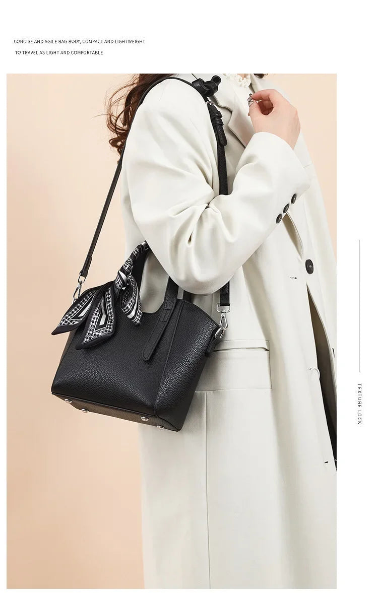 Pure Leather Cowhide Single Shoulder Crossbody Bag Ladies Handbag Fashion Bucket Bag Simple Basket Comes with Scarf