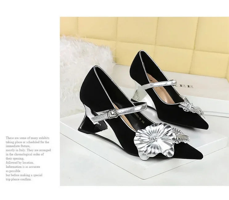 Metal Wedges 6 cm Women Pumps Flower Design High Heels Suede Sexy Party Shoes Buckle Ladies Shoes Women Wedges