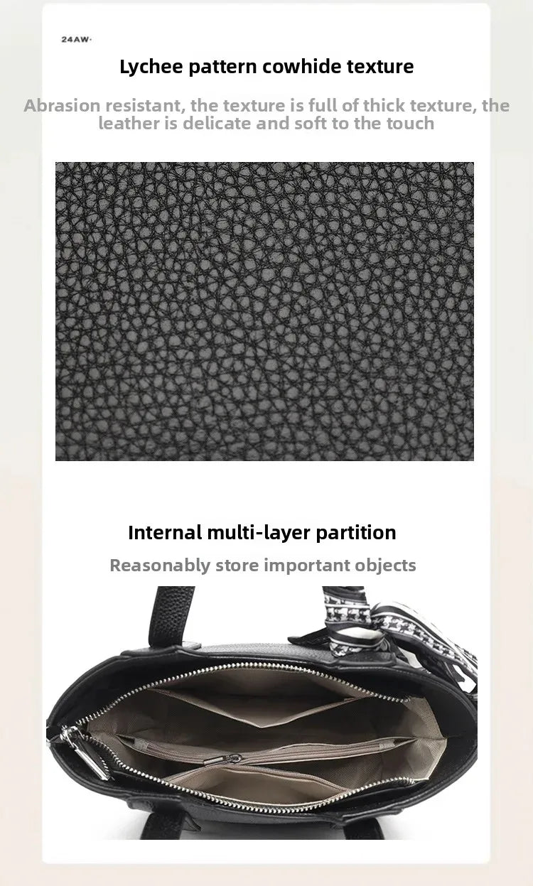 Pure Leather Cowhide Single Shoulder Crossbody Bag Ladies Handbag Fashion Bucket Bag Simple Basket Comes with Scarf