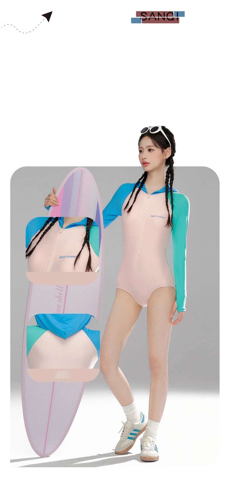 Women Long Sleeve Water Sports Outdoor Bathing Push Up Swim Wear Hooded Female Front Zipper Beach Athletic Surfing Swim Suit