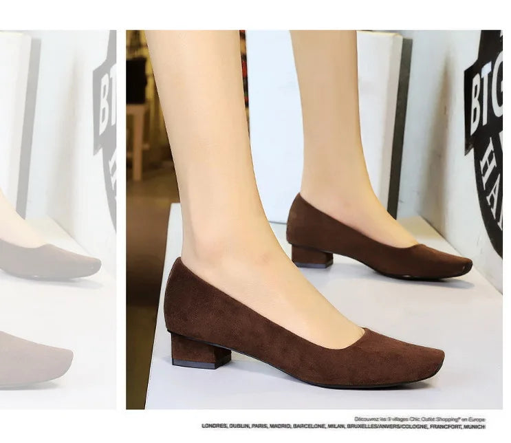 Women Fashion Style Quality Square Toe Low Heel Pumps Lady Prom Suede Shallow Mouth Thick High OL Single Shoes