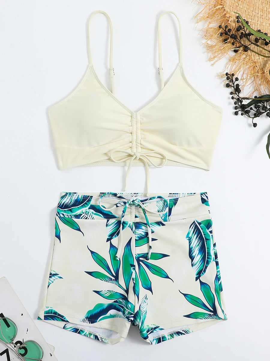 Tie Dye Bikini Drawstring Swimsuit Women High Waist Shorts Swimwear Female Padded Bathing Suit Swimming Beachwear Summer