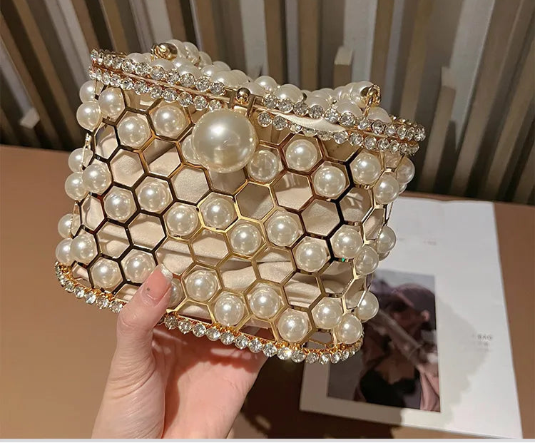 Luxury Pearl Beaded Metal Cage Hollow Out Women Handbag Rhinestones Diamond Evening Bag Wedding Party Clutch Purse Crossbody Bag