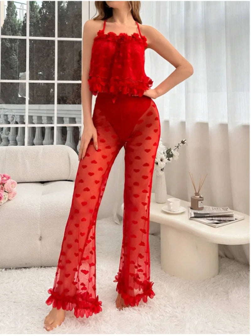Women Pajamas Strap Lace Top Transparent Pants Sexy Lingerie Women Mesh Love Pants Camisole Halter Tops Hot Women's Night Shirts