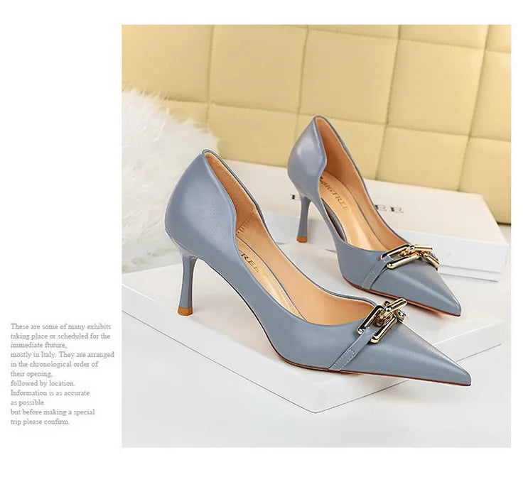 Elegant Women Pumps Metal Button Kitten Heels Women Shoes Stiletto Banquet Shoes Pointed High Heels