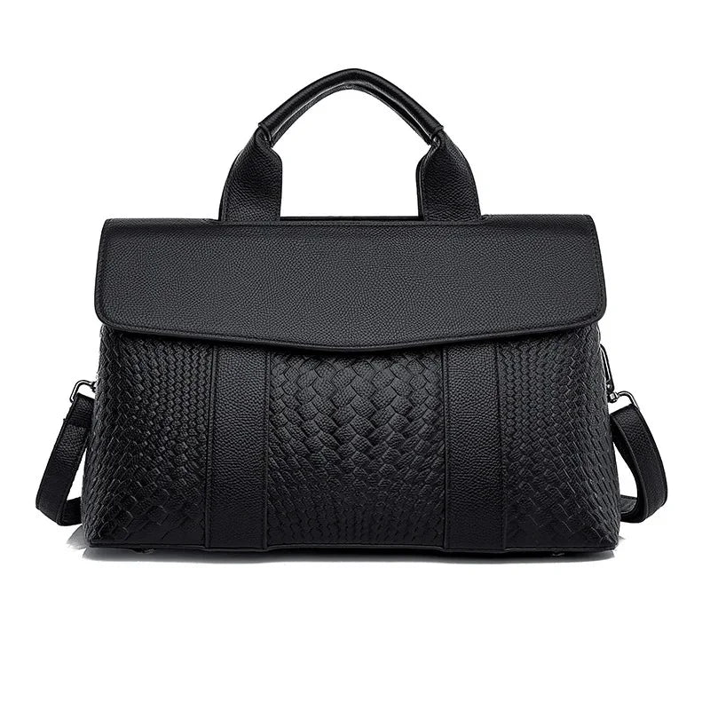 Large Capacity Ladies Handbag Fashion Woven Pattern Shoulder Bag Vintage Style Polyester Lining Soft PU Leather Material Commuter Bag
