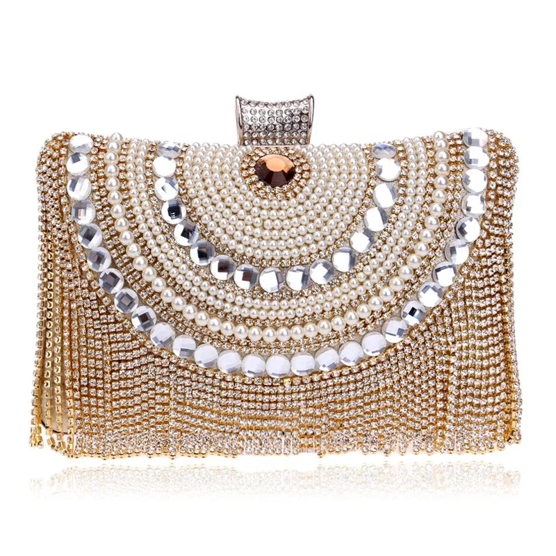 Rhinestones Tassel Clutch Diamonds Beaded Metal Evening Bags Chain Shoulder Messenger Purse Evening Bags For Wedding Bag