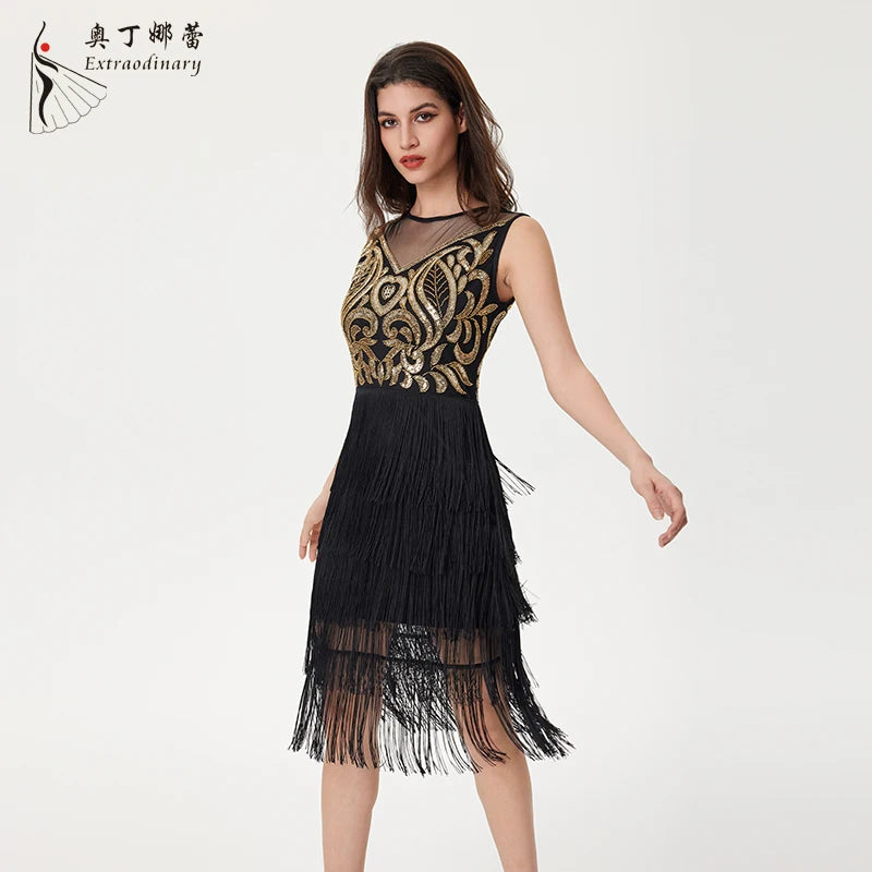 Tassel Women Dress 1920s Elegant Black Party Dance Dress with Sleeveless Female Clothing Vestido Vintage Evening Party Dress Natalia Home Fashion Black-Gold-L Natalia Home Fashion