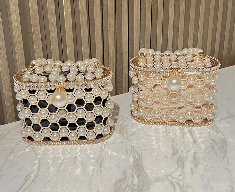 Luxury Pearl Beaded Metal Cage Hollow Out Women Handbag Rhinestones Diamond Evening Bag Wedding Party Clutch Purse Crossbody Bag