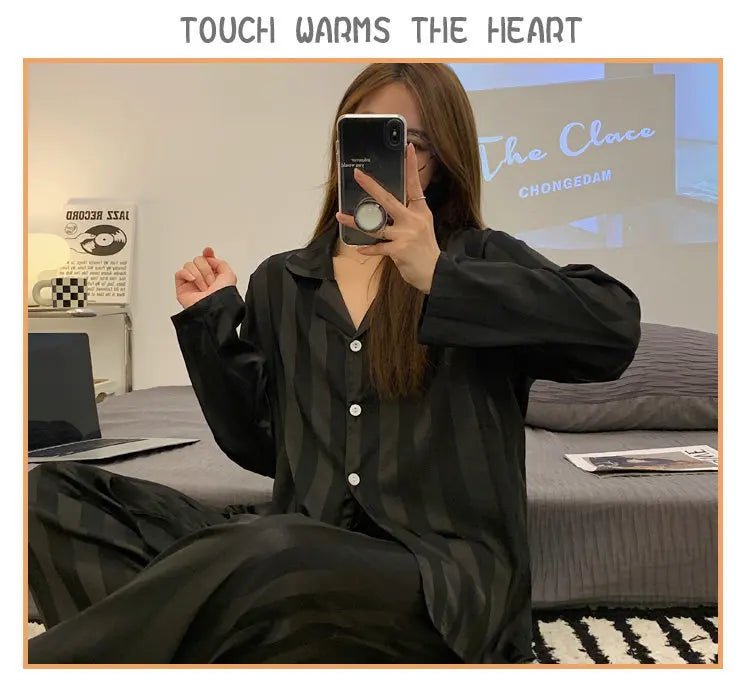Striped Satin Pajamas Women Jacquard Loungewear Long Sleeve Trousers Two-Piece Set Solid Color Roll-Neck Cardigan Sleepwear