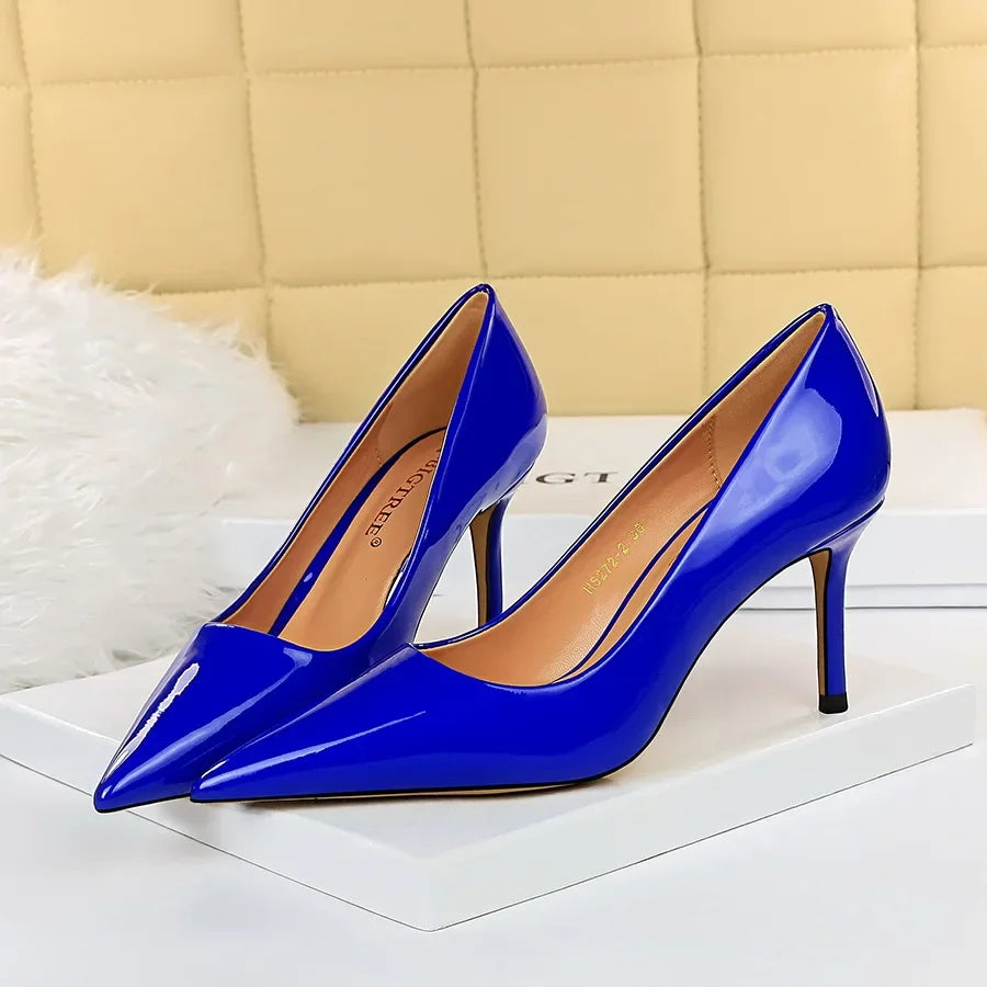Women High Heels Scar pins Pumps Lady Glossy Leather Fetish Wedding Bridal Mid Low Heels Office Shoes