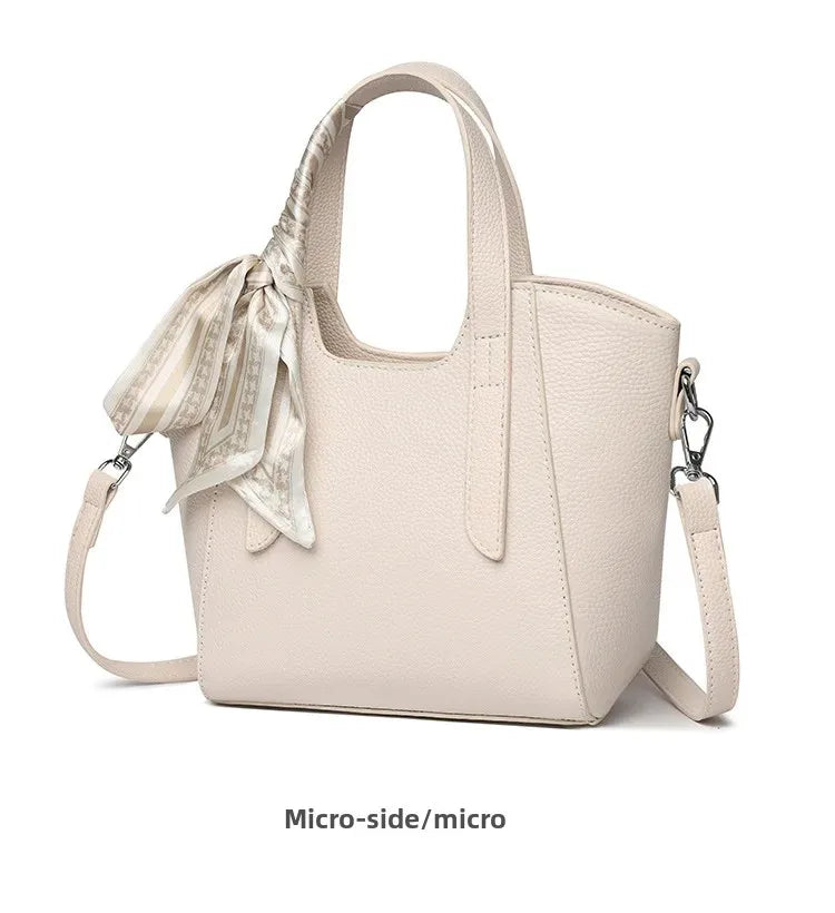 Pure Leather Cowhide Single Shoulder Crossbody Bag Ladies Handbag Fashion Bucket Bag Simple Basket Comes with Scarf