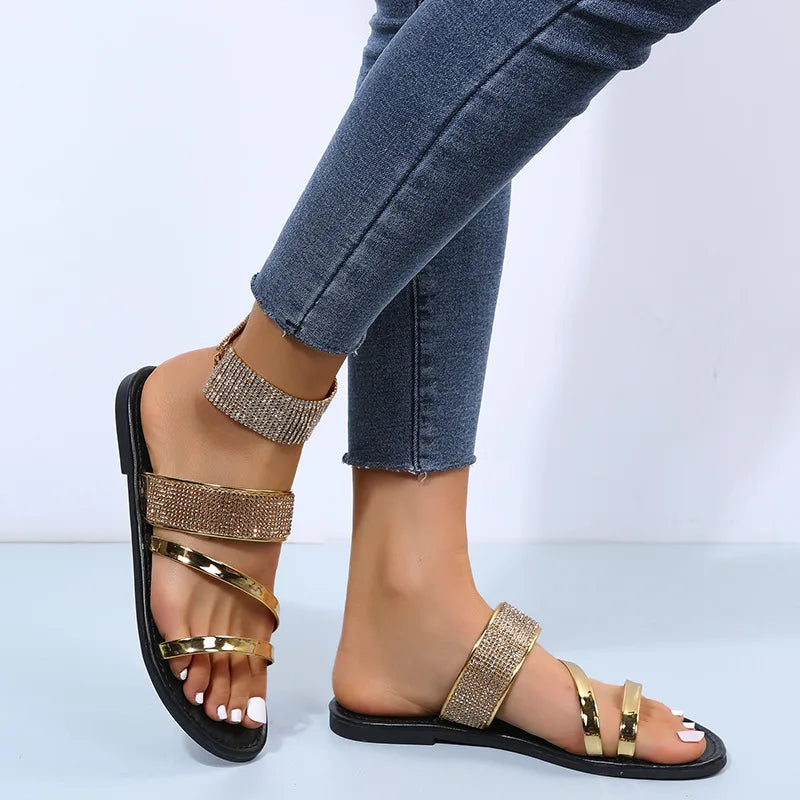 Women's Fashion Patent Leather Flat Heel Sandals Bling Rhinestone Narrow Band Beach Casual Slippers