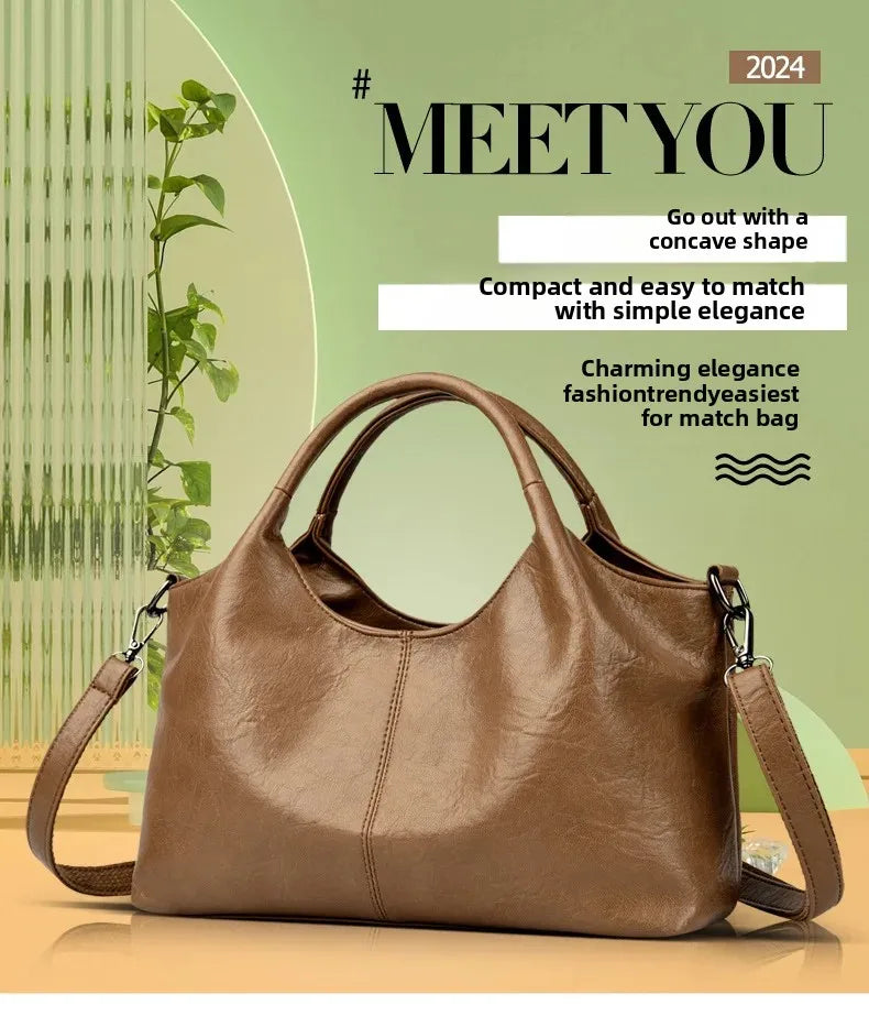 Fashionable Pure Color Basket Handbag Women's Commuter Bag Soft PU Leather Vintage Style Single Shoulder Bag with Internal Zipper