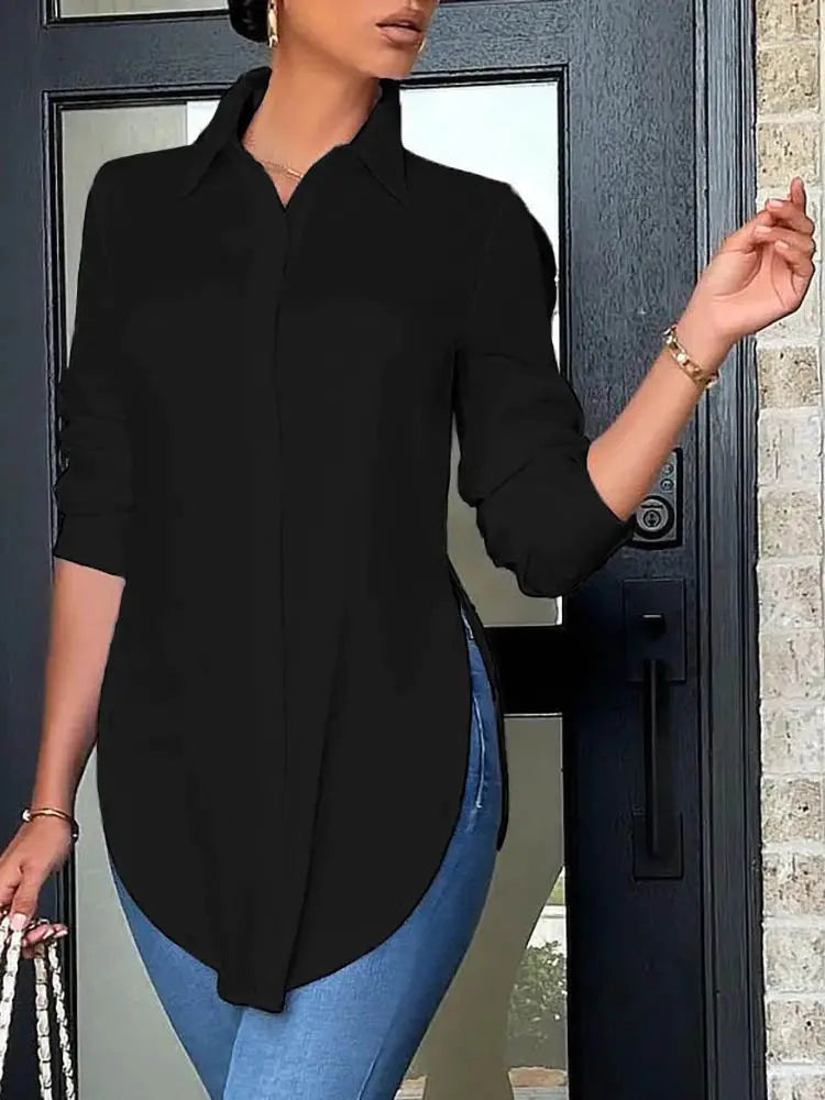 Fashion Print Button Shirts Top For Women 2022 Autumn Long Sleeves Casual Office Elegant Lady Slim Shirt Clothes Irregular Tops Natalia Home Fashion black-M Natalia Home Fashion