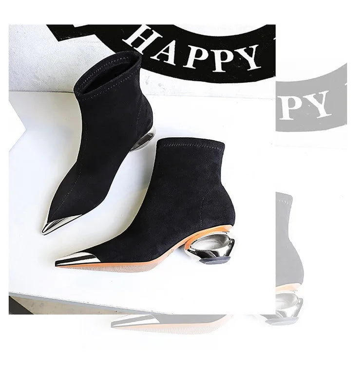 Street Style Fur Metal Hollow Heel Modern Faux Suede Short Boots for Women Metal Pointed Toe Low Heel Boots Female