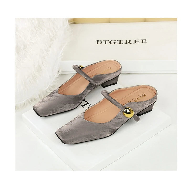 European Style Light-Mouthed Half-Slippers Women Wearing Thick Heels And Square-Toe Mary Jane Shoes One-Strap